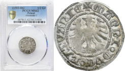 Medieval coins 
POLSKA / POLAND / POLEN / SCHLESIEN

Alexander Jagiellończyk (1501–1506). Halfgrosz bez daty, Vilnius PCGS MS62 

Pięknie zachowa...