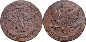 Russia - collection of copper coins - part one
RUSSIA / RUSSLAND / РОССИЯ

Russia, Catherine II. 5 Kopek (kopeck) 1763 СПМ, St. Petersburg 

Aw.:...