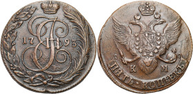 Russia - collection of copper coins - part one
RUSSIA / RUSSLAND / РОССИЯ

Russia, Catherine II. 5 Kopek (kopeck) 1793 KM, Kolyvan 

Aw.: Ukorono...