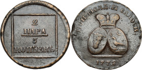 Russia 
RUSSIA / RUSSLAND / РОССИЯ

Russia, Moldova. Catherine II. 2 pair = 3 kopecks 1772 

Patyna, moneta lakierowana, ale rzadka emisja.Bitkin...