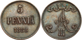 Russia 
RUSSIA / RUSSLAND / РОССИЯ

Russia / Finland. Alexander III. 5th Penny 1888 - RARE 

Rzadsza moneta bita dla Finlandii.Bitkin 246

Deta...
