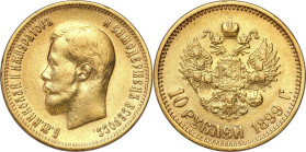 Russia 
RUSSIA / RUSSLAND / РОССИЯ

Russia, Nicholas II. 10 Ruble (Rouble) 1899 Г, St. Petersburg 

Resztki połysku.&nbsp;Bitkin 4; Friedberg 179...