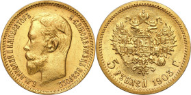 Russia 
RUSSIA / RUSSLAND / РОССИЯ

Russia, Nicholas II. 5 Ruble (Rouble) 1903 (P), St. Petersburg 

Ładnie zachowane.Friedberg 180; Bitkin 30
...