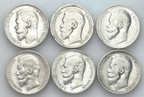 Russia 
RUSSIA / RUSSLAND / РОССИЯ

Russia. Nicholas II. Ruble (Rouble) 1895-1899, group 6 coins 

Aw.: Głowa cara w lewo, legenda otokowa.Rw.: D...