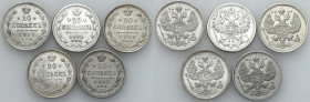 Russia 
RUSSIA / RUSSLAND / РОССИЯ

Russia, Alexander II and Nicholas II. 20 Kopek (kopeck) 1862-1915, group 5 coins 

Monety w różnych stanach z...