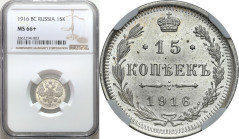 Russia 
RUSSIA / RUSSLAND / РОССИЯ

Russia, Nicholas II. 15 Kopek (kopeck) 1916 BC Petersburg NGC MS66+, BEAUTIFUL 

Wyśmienicie zachowana moneta...