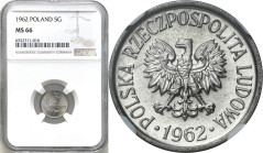 Coins Poland People Republic (PRL)
POLSKA / POLAND / POLEN / POLOGNE / POLSKO

PRL. 5 groszy 1962 aluminium NGC MS66 

Idealnie zachowana moneta....