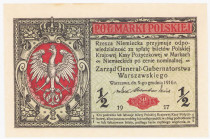 COLLECTION Polish Banknotes 1919-1938
POLSKA / POLAND / POLEN / POLOGNE / POLSKO

1/2 marki polskiej 1916 seria B, Generał 

Papier lekko zżółkni...