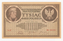 COLLECTION Polish Banknotes 1919-1938
POLSKA / POLAND / POLEN / POLOGNE / POLSKO

1.000 mark polskich 1919 seria P 

Złamany w pionie, papier świ...