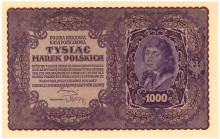 COLLECTION Polish Banknotes 1919-1938
POLSKA / POLAND / POLEN / POLOGNE / POLSKO

1.000 mark polskich 1919 I seria DF 

Złamany w pionie.Lucow 40...