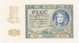 COLLECTION Polish Banknotes 1940 - 1948
POLSKA / POLAND / POLEN / POLOGNE / POLSKO

5 zlotys 1940 seria A 

Złamane w pionie i poziomie.Lucow 773...