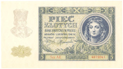 COLLECTION Polish Banknotes 1940 - 1948
POLSKA / POLAND / POLEN / POLOGNE / POLSKO

5 zlotys 1941 seria AE 

Pięknie zachowane.Lucow 813 (R0); Mi...