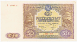 COLLECTION Polish Banknotes 1940 - 1948
POLSKA / POLAND / POLEN / POLOGNE / POLSKO

50 zlotys 1946 seria L 

Parokrotnie złamany.Lucow 1197a (R3)...