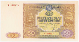 COLLECTION Polish Banknotes 1940 - 1948
POLSKA / POLAND / POLEN / POLOGNE / POLSKO

50 zlotys 1946 seria F 

Zagniecenia papieru, ślad po szpilce...