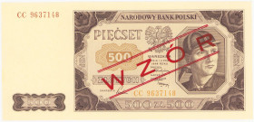 COLLECTION Polish Banknotes 1940 - 1948
POLSKA / POLAND / POLEN / POLOGNE / POLSKO

SPECIMEN 500 zlotys 1948 seria CC 

Czerwony ukośny nadruk WZ...