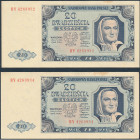 COLLECTION Polish Banknotes 1940 - 1948
POLSKA / POLAND / POLEN / POLOGNE / POLSKO

20 zlotys 1948 seria BY - group 2 sztuk 

Złamanie w pionie i...