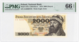 COLLECTION PRL banknotes
POLSKA / POLAND / POLEN / POLOGNE / POLSKO

2.000 zlotys 1979 seria AG, PMG 66 EPQ 

Wyśmienicie zachowany banknot w gra...
