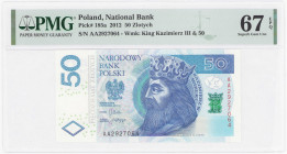 COLLECTION Polish Banknotes since 1990
POLSKA / POLAND / POLEN / POLOGNE / POLSKO

50 zlotys 2012 seria AA, PMG 67 EPQ - EXCELLENT 

Poszukiwana ...