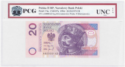 COLLECTION Polish Banknotes since 1990
POLSKA / POLAND / POLEN / POLOGNE / POLSKO

20 zlotys 1994 seria zastępcza AA, PCG UNC EPQ 

Rzadka seria ...