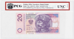 COLLECTION Polish Banknotes since 1990
POLSKA / POLAND / POLEN / POLOGNE / POLSKO

20 zlotys 1994 seria zastępcza ZA PCG UNC EPQ 

Rzadka seria z...
