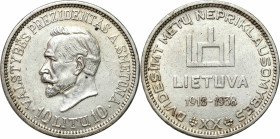 Latvia / Lithuania / Estonia
Lithuania. 10 lit 1938, Smetona - RARE 

Wybite na 20. rocznicę niepodległości.Drobne rysy w tle, ale moneta przyzwoic...