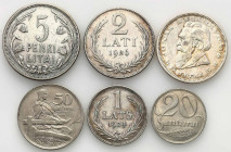 Latvia / Lithuania / Estonia
Lithuania, Latvia. 20, 50 santimu 1922, 1-5 lati 1925-1936, set of 6 coins 

Zestaw zawiera 6 monet, z czego 4 monety ...