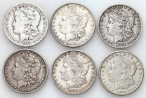 USA (United States of America)
USA / United States. Dollar 1878 (CC) - 1921, set of 6 

Monety w przedziale od 3+ do 4, różne mennice, łącznie 6 sz...