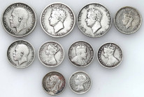 Great Britain
Great Britain. 5 - 10 cents, 3 - 6 pence, shilling 1825 - 1944, set of 10 coins 

Zróżnicowany zestaw monet srebrnych.&nbsp;Pozycje w...