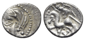 Celtic, Central Gaul, Bituriges Cubi, c. 1st century BC. AR Quinarius (14mm, 1.92g, 12h). Bare male head l. R/ Horse prancing l.; above, boar l.; X be...