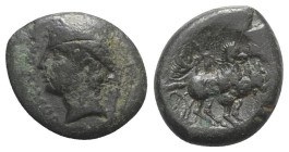 Samnium, Aesernia, c. 263-240 BC. Æ (19mm, 6.45g, 2h). Head of Vulcan l., wearing pilos; tongs to r. R/ Jupiter in biga galloping r.; above, Nike flyi...