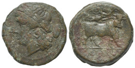 Campania, Cales, c. 265-240 BC. Æ (20mm, 7.72g, 7h). Laureate head of Apollo l.; shield behind. R/ Man-headed bull walking r., being crowned by Nike f...