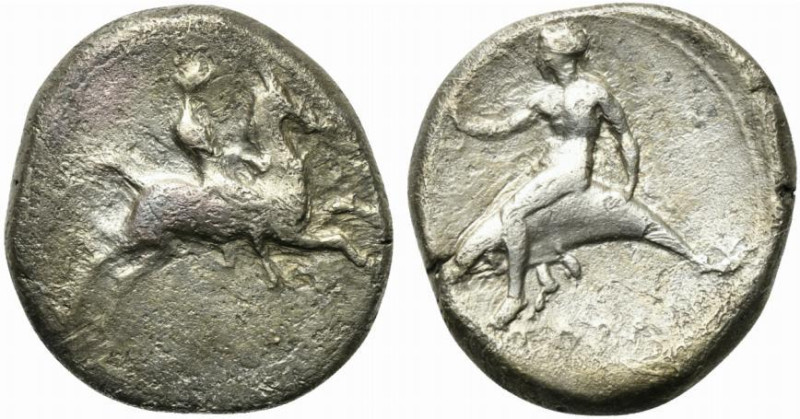 Southern Apulia, Tarentum, c. 390-385 BC. AR Nomos (21mm, 7.28g, 6h). Youth on h...