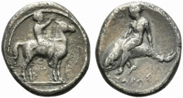 Southern Apulia, Tarentum, c. 385-380 BC. AR Nomos (20mm, 7.17g, 12h). Nude youth on horse standing r., raising r. hand to crown horse. R/ Phalanthos ...