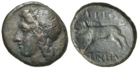 Sicily, Akragas. Phintias (287-279 BC). Æ (21mm, 6.24g, 9h). c. 282-279 BC. Wreathed head of Artemis l. R/ Boar standing l. CNS I, 117; SNG ANS 1122; ...