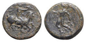 Sicily, Himera, c. 425-409 BC. Æ Tetras or Trionkion (15mm, 1.98g, 1h). Pan, blowing into conch shell and holding lagobolon, riding goat springing r. ...