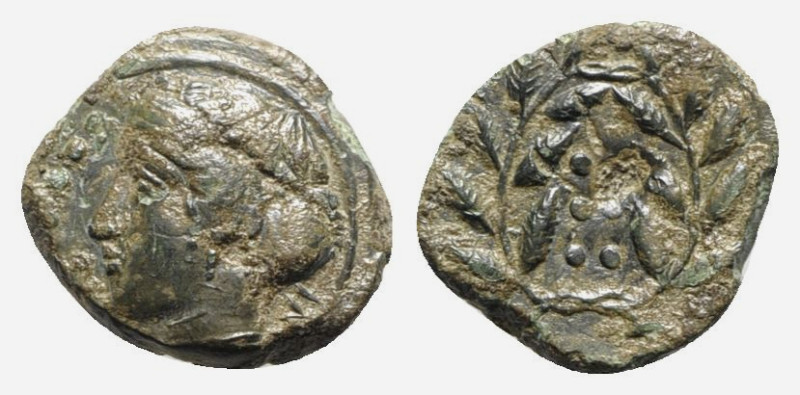 Sicily, Himera, c. 420-407 BC. Æ Hemilitron (16mm, 2.42g, 6h). Head of nymph l.;...