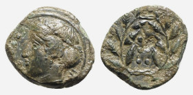 Sicily, Himera, c. 420-407 BC. Æ Hemilitron (16mm, 2.42g, 6h). Head of nymph l.; six pellets before. R/ Six pellets within wreath. CNS I, 35; SNG ANS ...