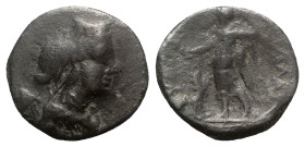 Sicily, Hybla Megala, c. 2nd century BC. Æ Trias(?) (20mm, 6.62g, 12h). Veiled bust of Artemis-Hyblaia r., wearing polos; bee to l. R/ Dionysos standi...