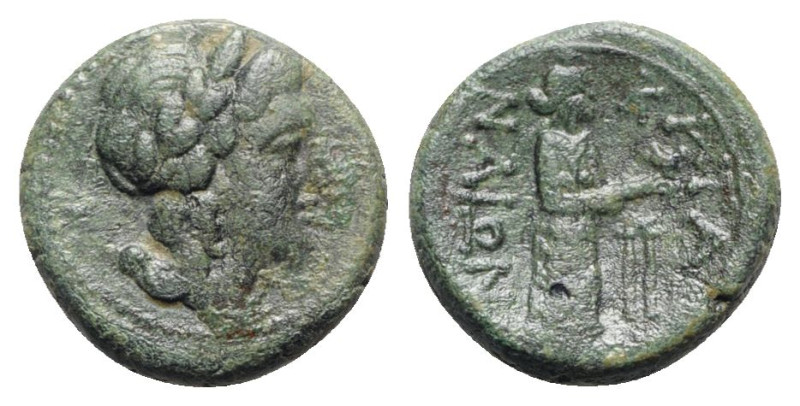 Sicily, Katane, c. 3rd-2nd century BC. Æ Hexas (15mm, 3.35g, 12h). Head of Apoll...