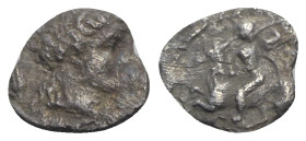Sicily, Morgantina, c. 339/8-317 BC. AR Litra (8.5mm, 0.32g, 6h). Laureate head of Apollo r.; grain-ear behind. R/ Warrior on horseback l., holding sp...
