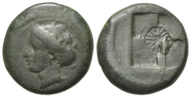 Sicily, Syracuse, 405-375 BC. Æ Hemilitron (17mm, 4.91g). Head of nymph l., hair in ampyx, wearing necklace and sphendone. R/ Sixteen-rayed star in ce...