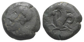 Sicily, Syracuse, 400-390 BC. Æ Hemilitron (20mm, 9.63g, 6h). Head of Athena l., wearing Corinthian helmet decorated with wreath. R/ Hippocamp l. CNS ...