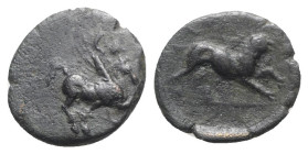 Akarnania, Leukas, c. 350-300 BC. Æ (19mm, 3.35g, 9h). Bellerophon on Pegasos flying r. R/ Chimaera r. BCD Akarnania 243; SNG Copenhagen 307. Dark pat...