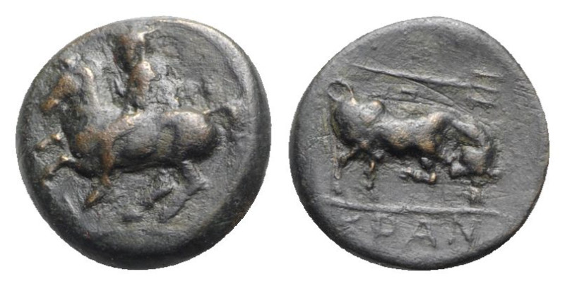 Thessaly, Krannon, c. 350 BC. Æ Chalkous (15mm, 2.72g, 9h). Horseman l. R/ Bull ...