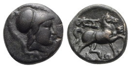 Thessaly, Thessalian League, 120-50 BC. Æ Dichalkon (17mm, 5.83g, 12h). Hippaitas, magistrate. Helmeted head of Athena r. R/ Horse trotting r. BCD The...
