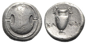 Boeotia, Thebes, c. 368-364 BC. AR Stater (20mm, 11.84g). Klion-, magistrate. Boeotian shield. R/ Amphora; KΛ-IΩN across field; all within concave cir...