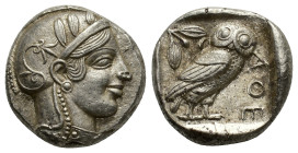 Attica, Athens, c. 460-454 BC. AR Tetradrachm (23mm, 17.20g). Head of Athena right, wearing crested Attic helmet decorated with three olive leaves ove...