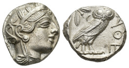 Attica, Athens, c. 454-404 BC. AR Tetradrachm (21,6 mm, 17,23 g). Head of Athena right, wearing crested Attic helmet decorated with three olive leaves...
