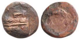 Megara, c. 350-275 BC. Æ Dichalkon (14.5mm, 2.16g, 7h). Prow, upon which tripod sits, left; trident head above / Two dolphins swimming clockwise. BCD ...