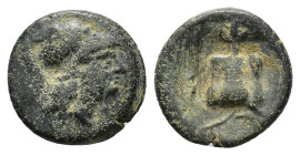 Cyclades, Melos, c. 3rd-1st centuries BC. Æ (15,8 mm, 3,78 g). Helmeted male head right R/ Pomegranate on stem with leaves. Cf. SNG Copenhagen 681; HG...